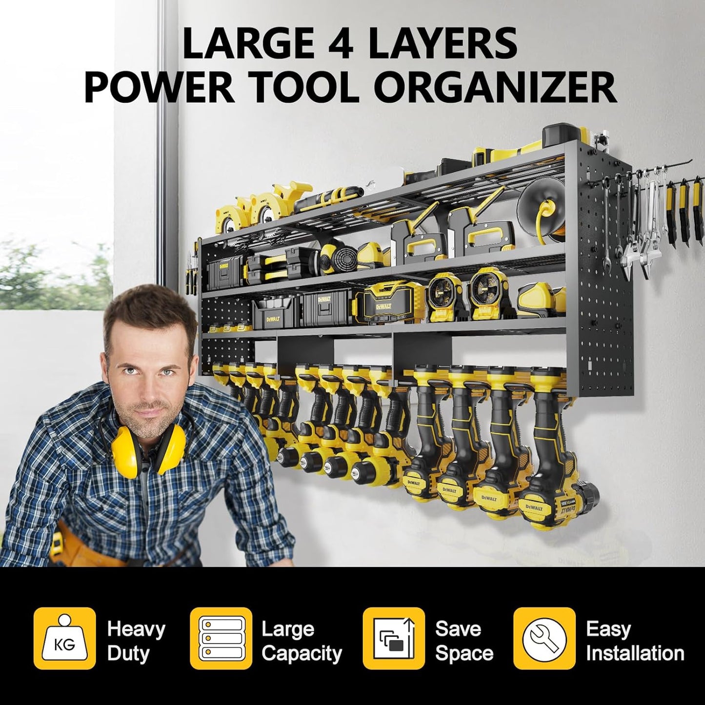 Large Power Tool Organizer Wall Mount, 4 Layer 49" W Heavy Duty Metal Tool Storage Rack with 12 Drill Holder, Utility Racks for Garage Workshop, Ideal Garage Organization Gifts for Men