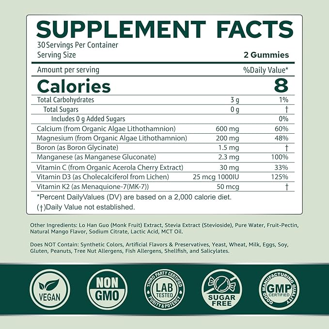 NEVISS Calcium Gummies for Women, Sugar Free Calcium Supplement with Vitamin D3 K2, C, Zinc, Boron, Sustainable Algae (3rd Party Tested) for Bone Strength, Calcium Absoption, Vegan, 60 Counts