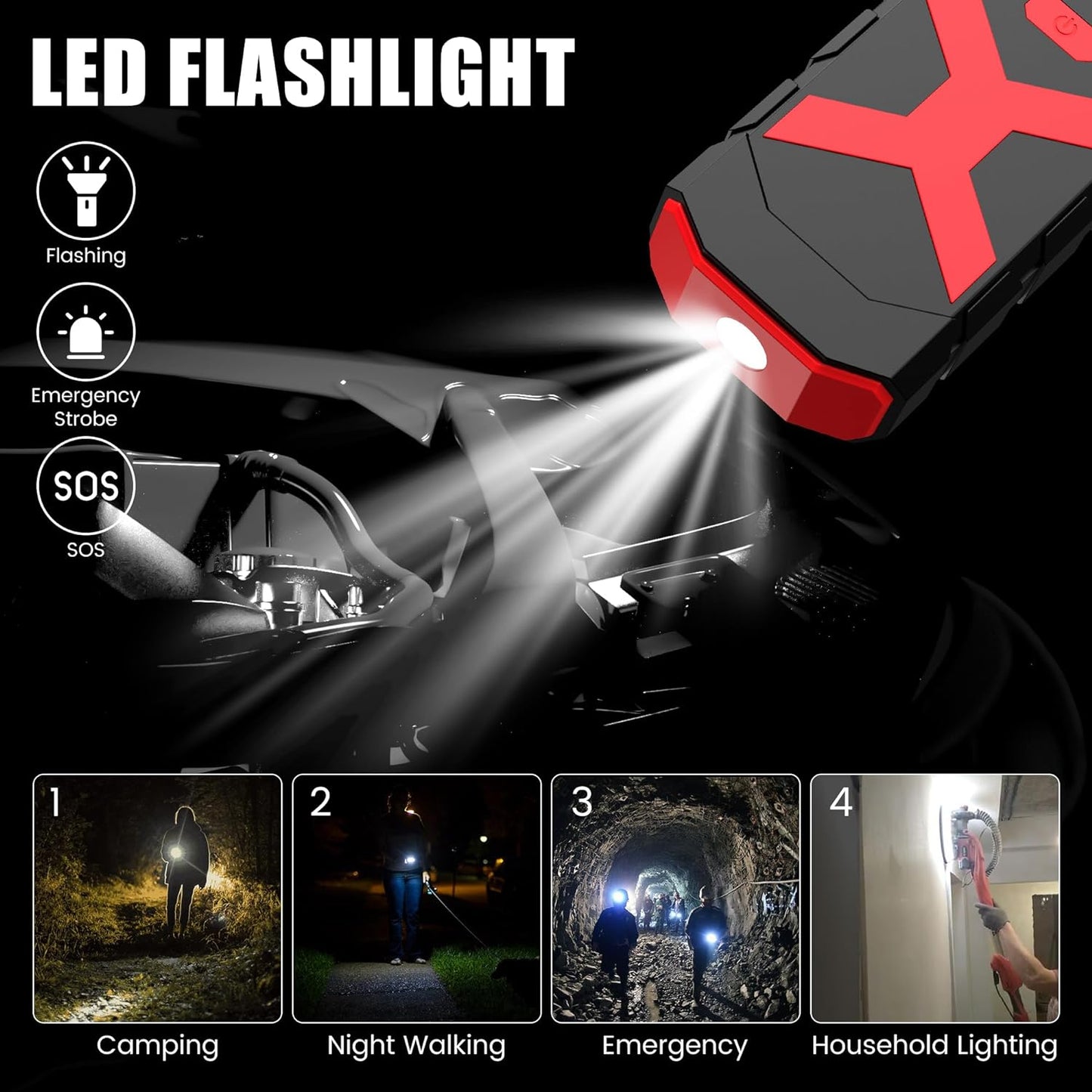 BOOKOO Jump Starter 2000A for Car/Boat/Lawnmower(8.0L Gas/6.5L Diesel Engine) Portable 12V Car Battery Jump Starter with Cables,Wall Charger,USB 3.0 Fast Charging,16V DC Output,3 LED Modes