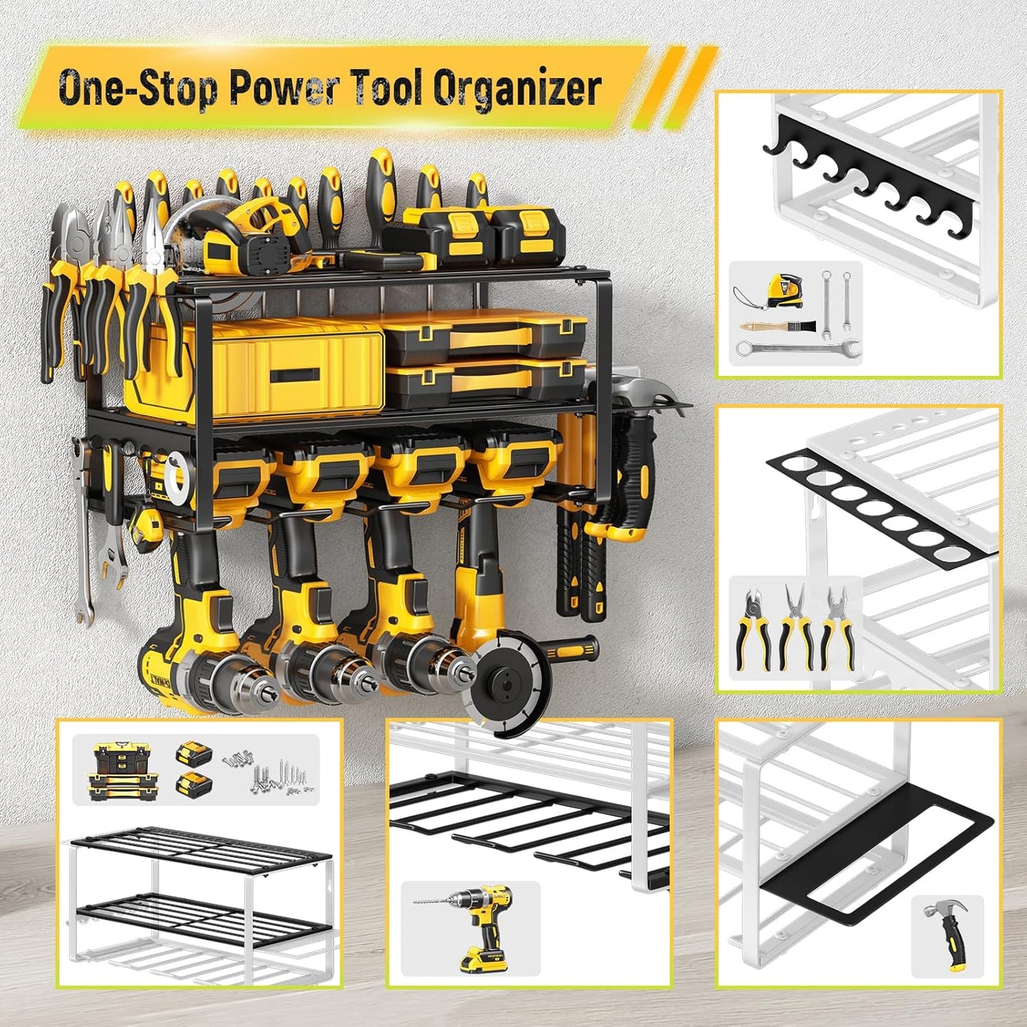 Power Tool Organizer Wall Mount - 200Lbs Load 3 Layers Storage Rack with 4 Drill Holders for Drills Cordless Tools. Heavy Duty Iron Garage Tool Organizer Storage for Workshop Shed Pegboard Basement