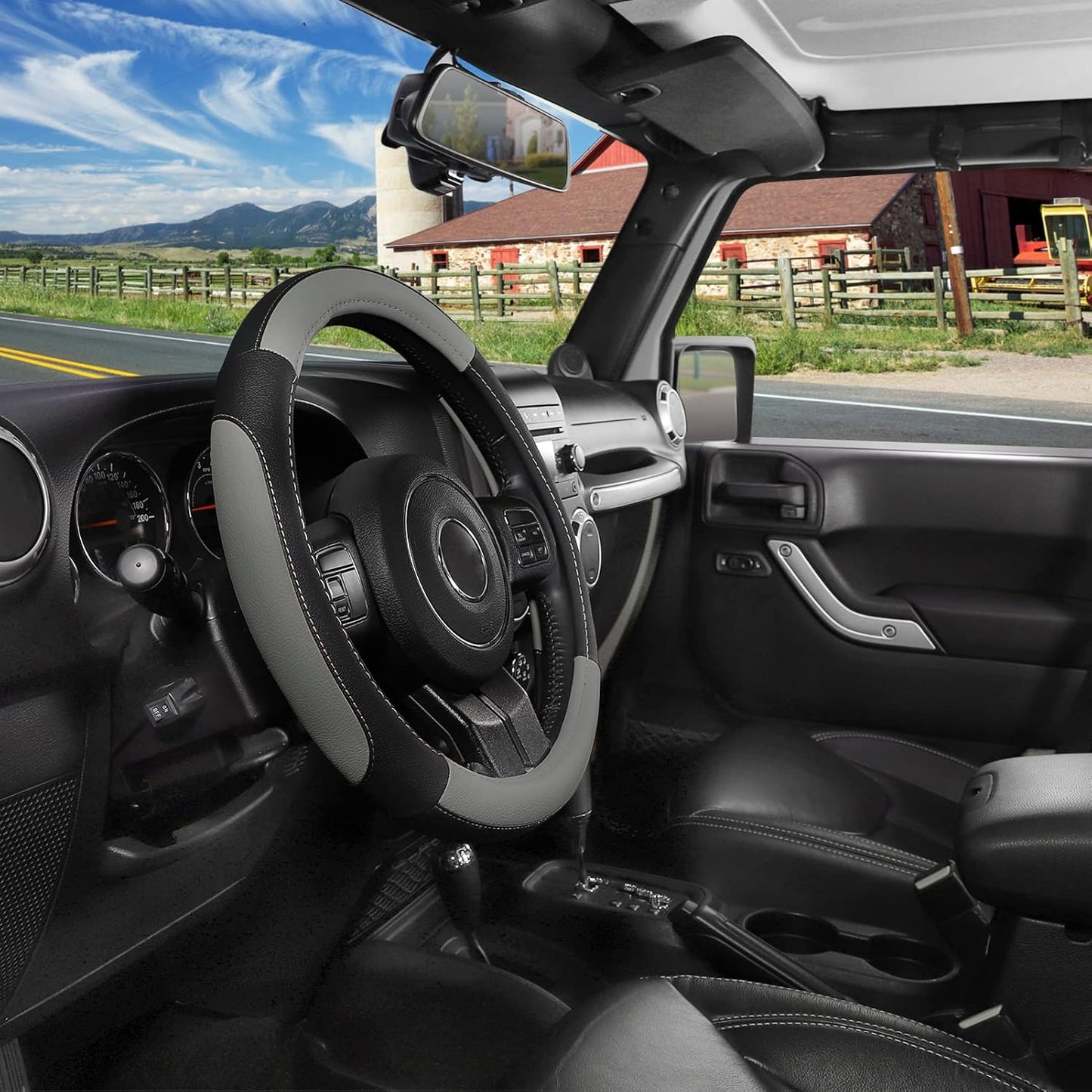 SEG Direct Car Steering Wheel Cover for F-150 Tundra Range Rover 15.5-16 inch, Black and Gray Microfiber Leather