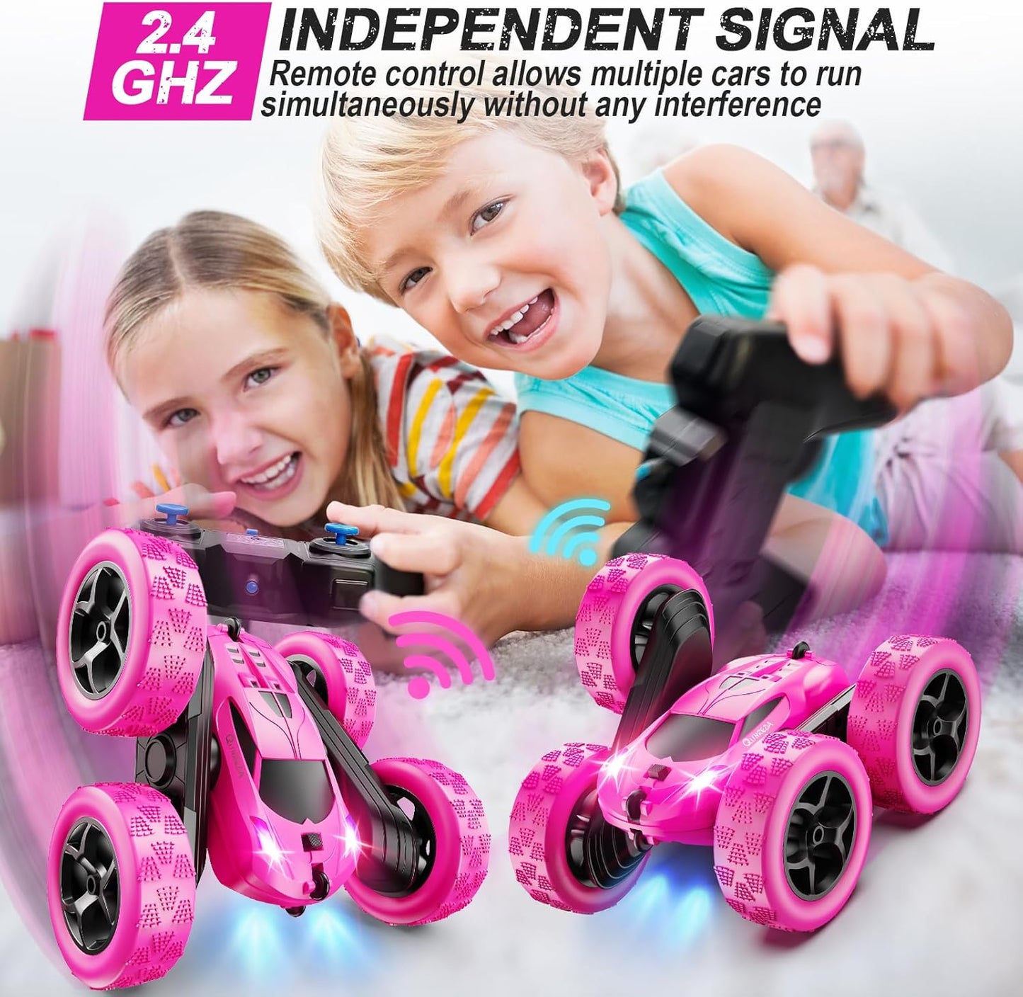 RC Cars, Rose Remote Control Car for Girls, 2.4 GHZ Double Sided RC Stunt Car 360° Rotating Remote Control Crawler with Headlights Car Toys for 6 7 8 9 10 11 12 Girls Birthday Gift