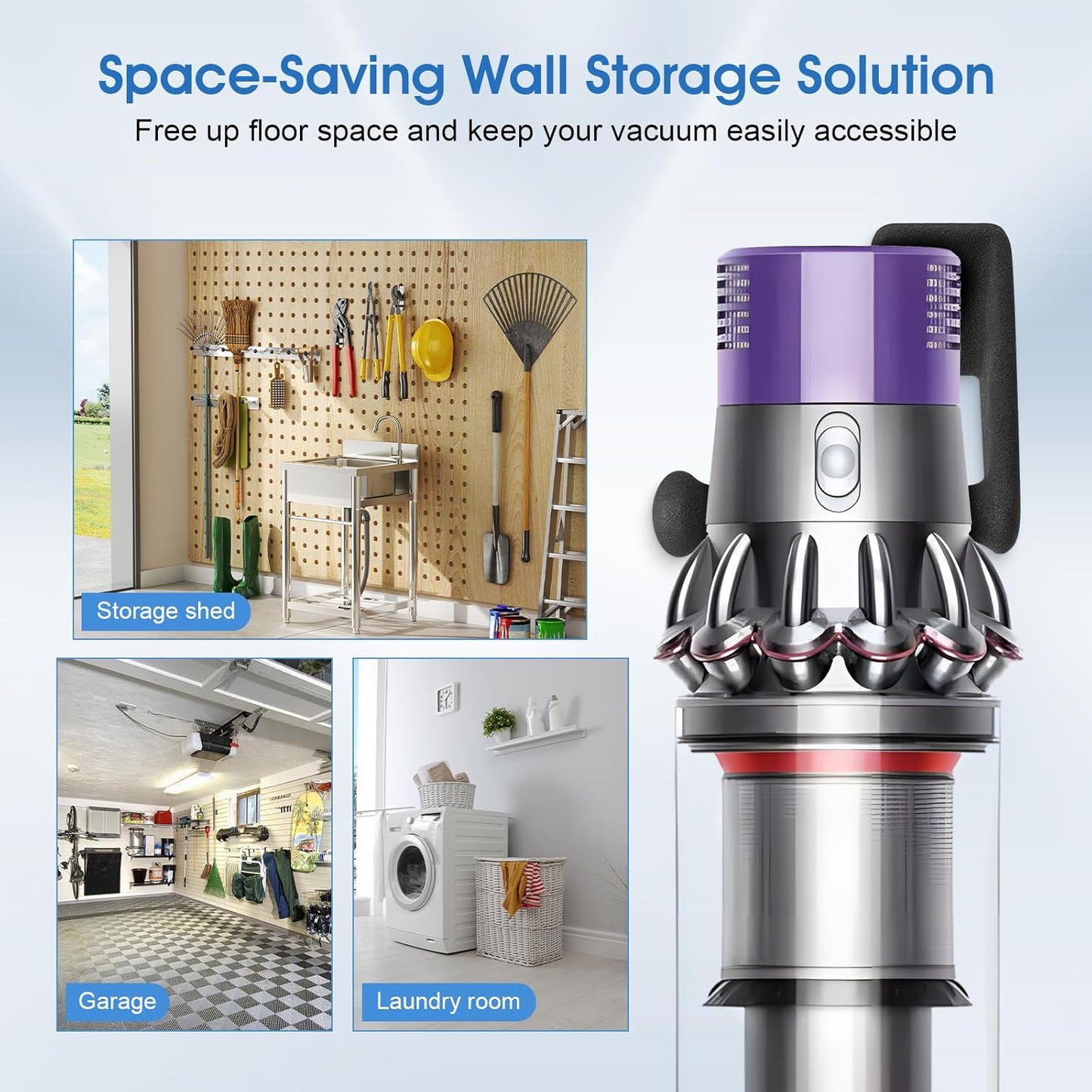 Upgraded 2 Pack Easy Access Cordless Vacuum Wall Mount Hanging Holder fits for Dyson V-Series & Outsize Stick Vacuums – Heavy Duty Metal Wall Rack with Rubber Coating, Garage Shed Storage Brackets