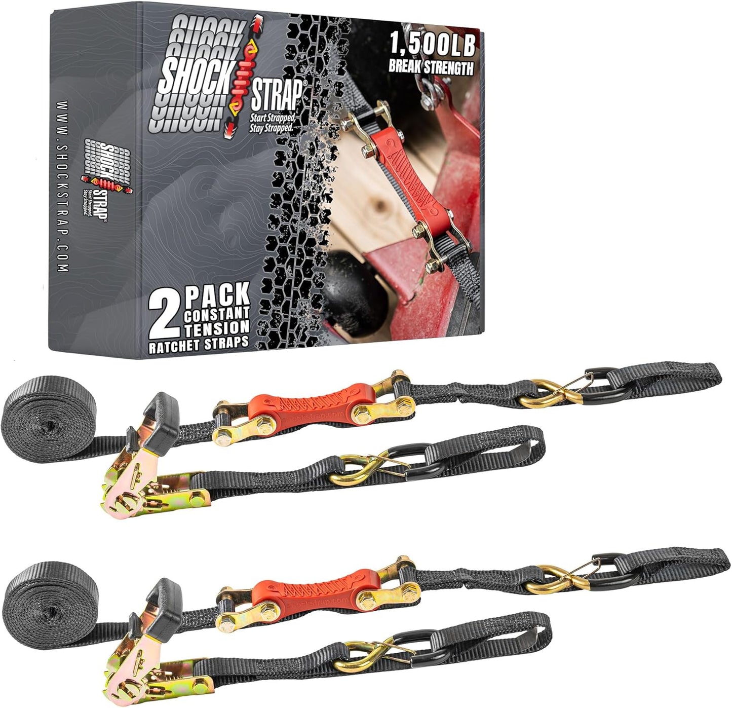 Ratchet Strap, 10' x 1" Shock Absorbing Heavy Duty Tie Downs for Cargo, 500 LB WLL / 1,500 LB Break Strength, 2-Pack