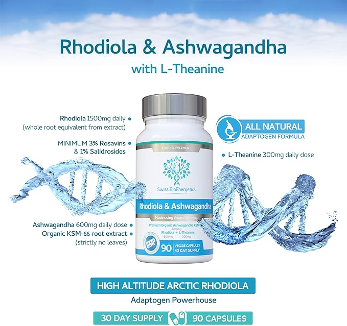 Rhodiola & Ashwagandha with L-Theanine - Award Winning Ashwagandha KSM-66 600mg & 1500mg Rhodiola (3% Rosavins - 1% Salidrosides) whole root equivalent- adaptogen combo- No artificial fillers