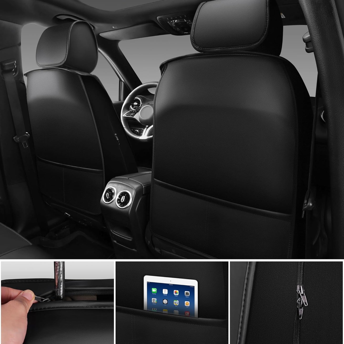 CAR PASS Nappa Leather Car Seat Covers Full Set, Luxury Seat Protector for Cars, Waterproof Anti-Slip Car Seat Cushion Armrest Compatible Airbag Universal for Sedan SUV Pick-up Truck Automotive, Black