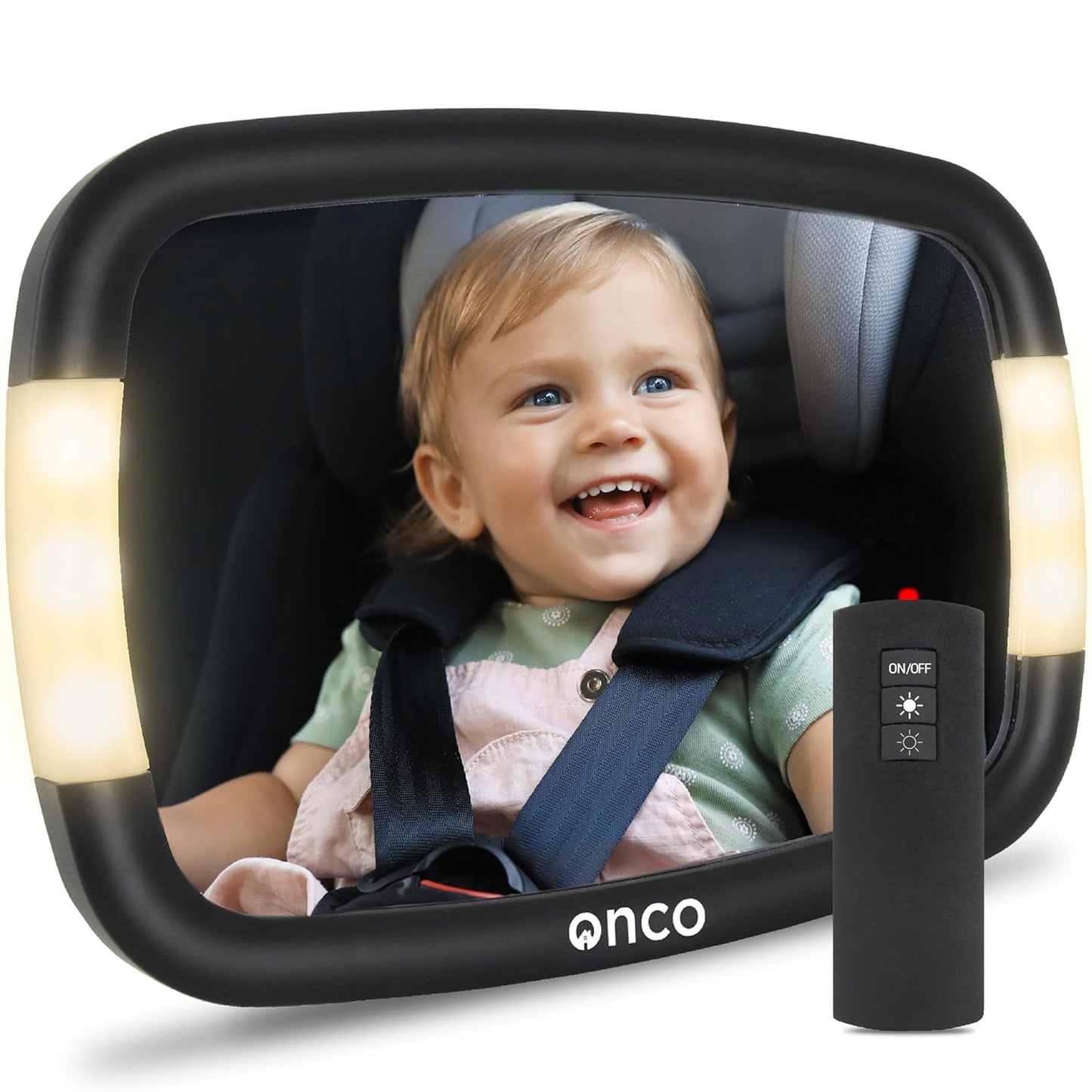 Onco LED Baby Car Mirror with Light - 2 Modes for Day & Night Driving, 100% Shatterproof & Shakeproof Car Mirror for Baby with 360° Rotation