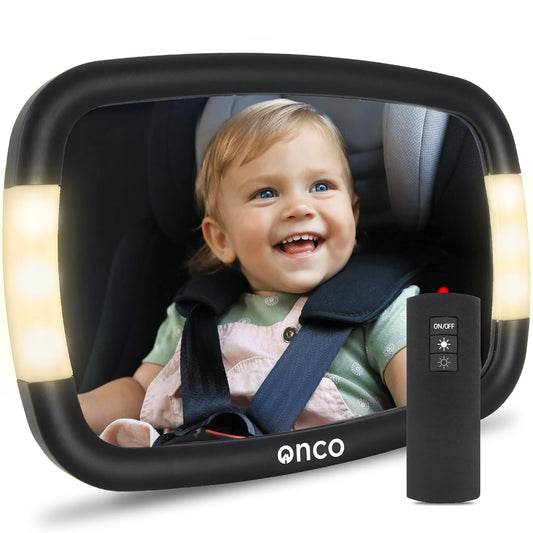 Onco LED Baby Car Mirror with Light - 2 Modes for Day & Night Driving, 100% Shatterproof & Shakeproof Car Mirror for Baby with 360° Rotation