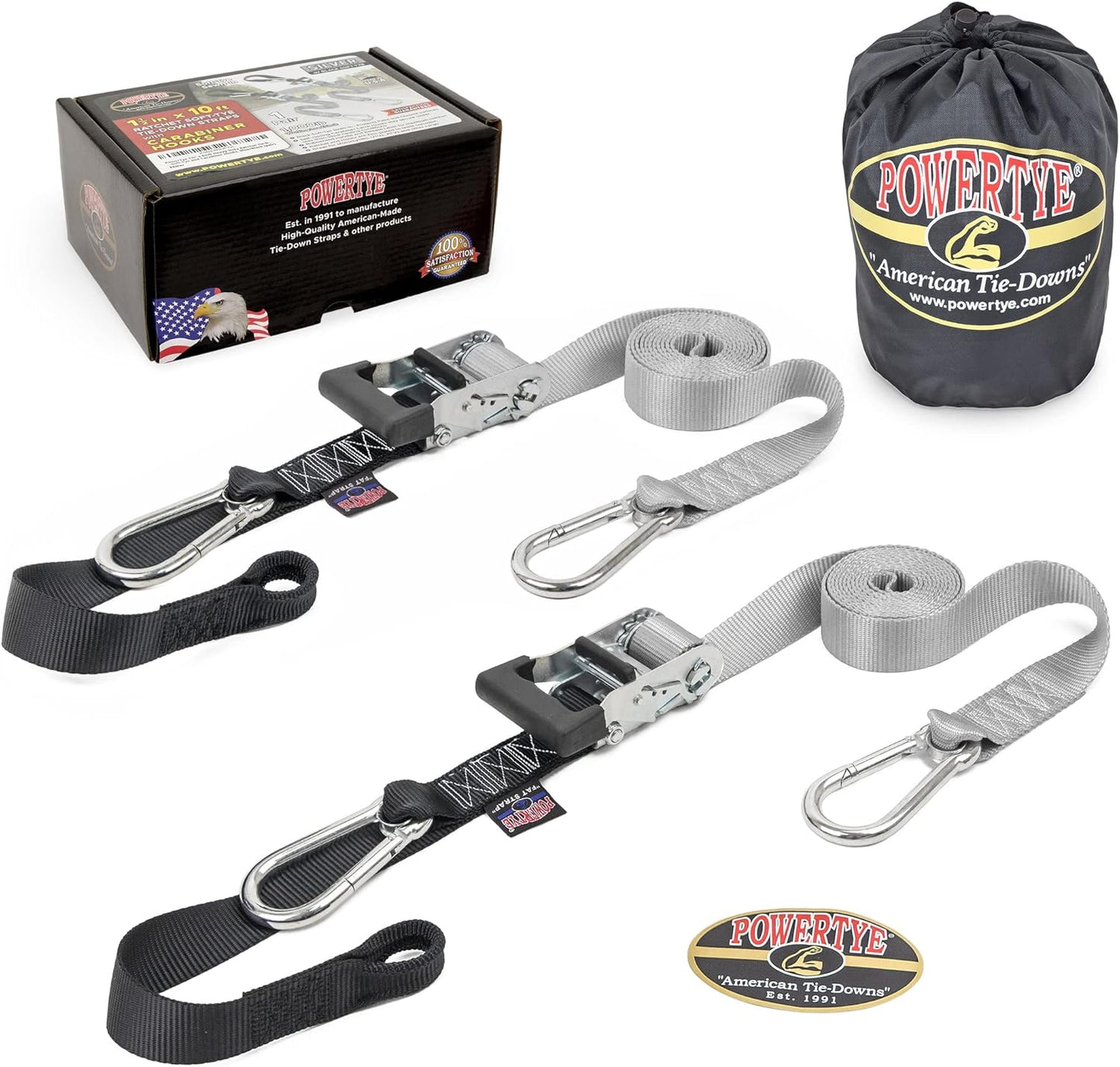PowerTye - Made in USA - Extra Long Ratchet Tie Down Straps, Heavy Duty with Carabiner Hooks, Soft-Tye & Bag, for Motorcycle, ATV & Cargo, 1,000 lb WLL, 1.5 inch x 10ft Long, Silver/Black (Pair)