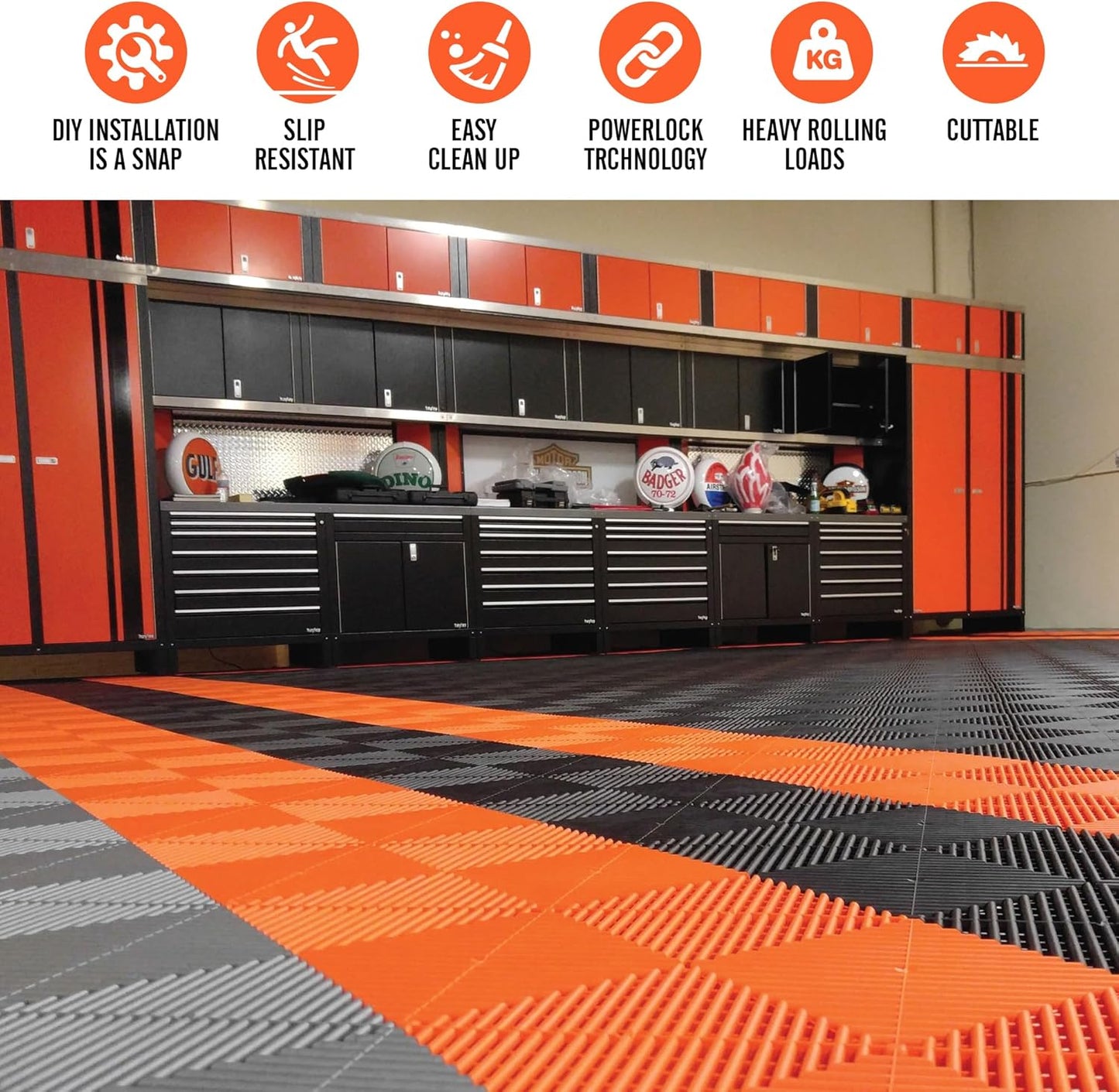 15.7"x15.7" Garage Flooring Tiles, Non-Slip Interlocking Plastic Garage Floor Mat, Garage Organization & Garage Storage, Vented Pattern (Orange, 25PCS)