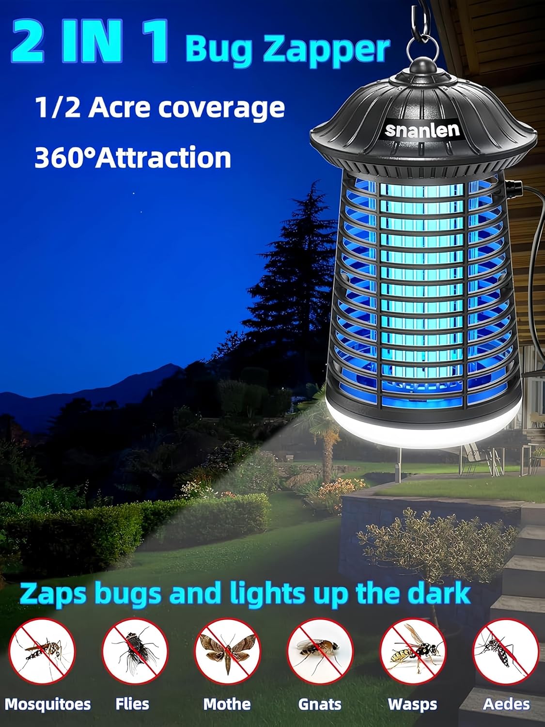 Bug Zapper Outdoor Indoor, 4200V Electric Mosquito Zapper Outdoor with LED Light, Electric Fly Zapper, Fly Traps, ABS Plastic, Plug in Mosquito Killer for Patio, Yard, Garden, Home