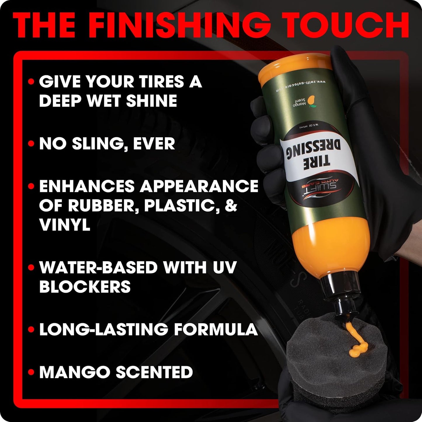 Swift Tire Dressing (1 Gallon) – Long Lasting High-Gloss Tire Shine Gel w/No Sling | Restores Rubber, Plastic & Vinyl | Water-Based w/UV Protection | Fast Cure Time!