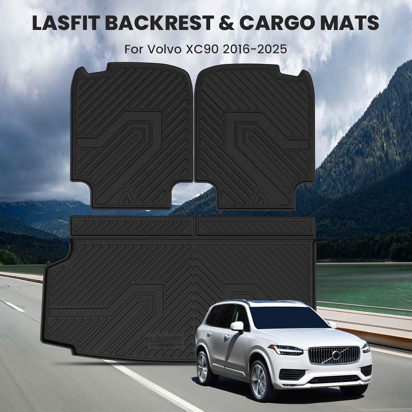 LASFIT Trunk Mat & Backrest Mat for Volvo XC90 2026-2016, All Weather TPE Custom Fit Cargo Liner for Volvo XC90 Cargo Mat, Black, Easy to Clean