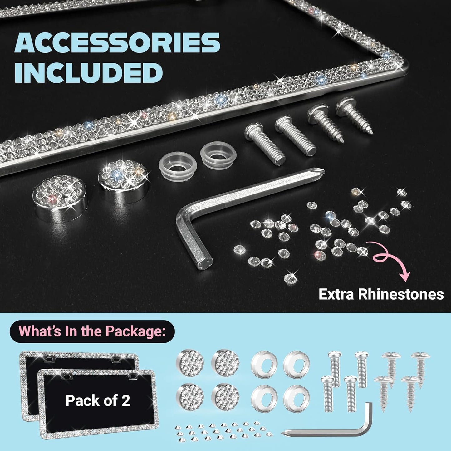 Dazzling Bling License Plate Frames for Women - 2 Pack, 1600 Premium Rhinestones, Rust-Free Stainless Steel, Street Legal Slim Design, Sparkly Diamond Car Tag Holders with Glitter Crystal Screw Covers