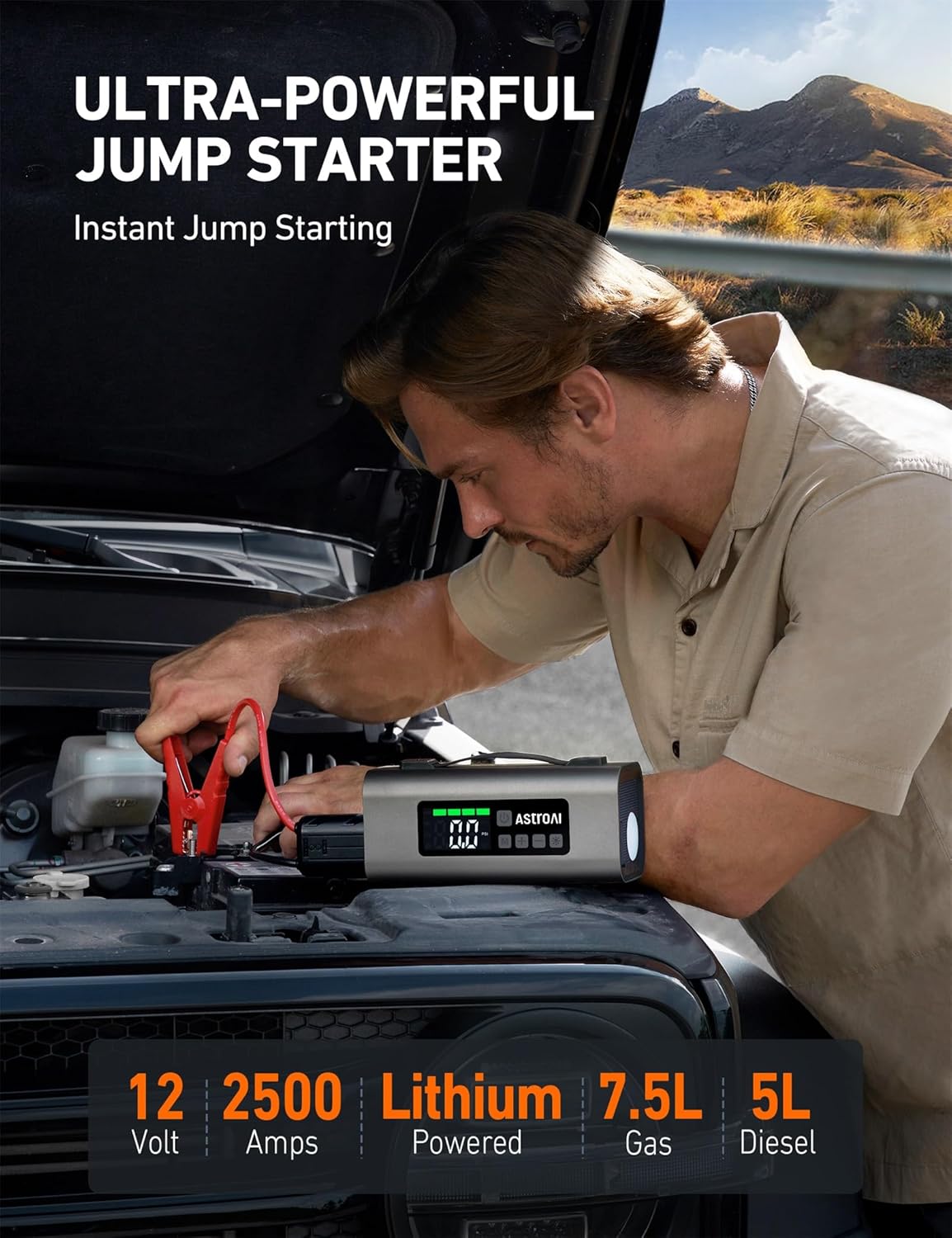 AstroAI Portable Car Battery Jump Starter with Air Compressor 2500A 150PSI 30W Quick Charger, 14800mAh Jump Box (7.5L Gas & 5.0L Diesel) 12V Jump Box with Booster, LED Light, Jumper Cables