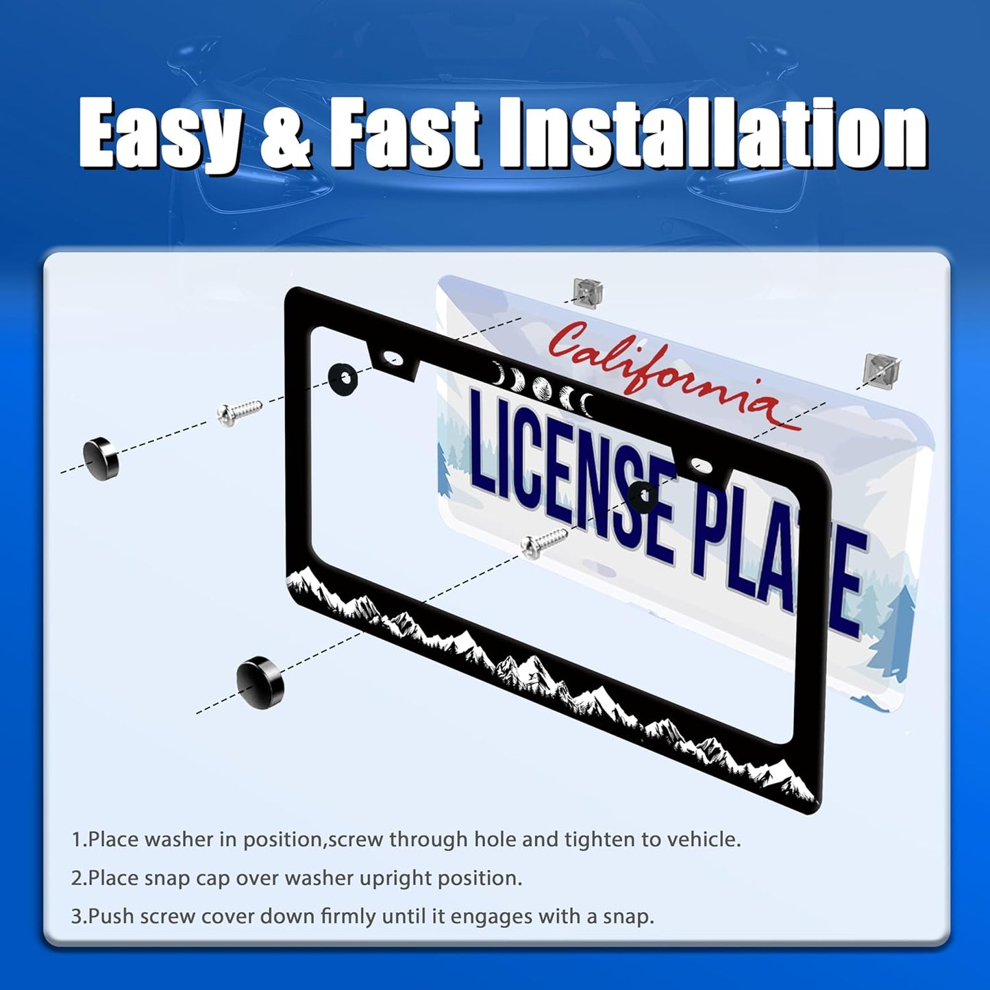 Moon Phase License Plate Frame Mountains Forest License Plate Stainless Steel Funny License Plate Holder for Men Women Universal Black Car Accessories Decoration 12.3" x 6.3"
