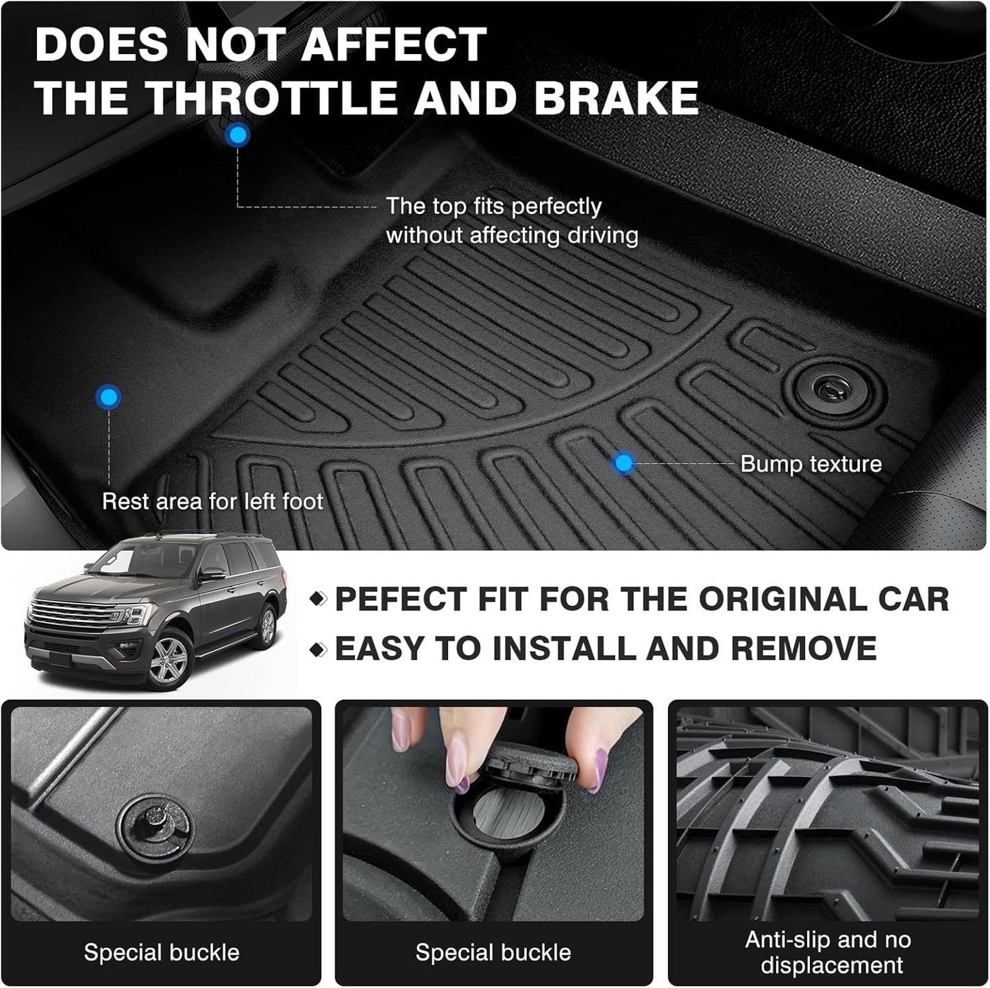 Powerty Floor Mats for 2018-2024 Ford Expedition with 2nd Row Bench Seat Accessories All Weather Floor Liner 3D TPE 1st & 2nd Row Floor Mat Heavy-Duty Floor Liners