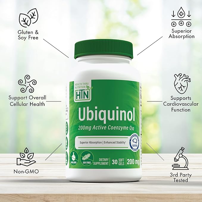 Health Thru Nutrition Ubiquinol 200mg 30 Softgels as Kaneka QH Reduced CoQ-10 | Stabilized - 3rd Party Tested | Enhanced Bioavailability | Cardiovascular & Mitochondria Function Support | Non-GMO