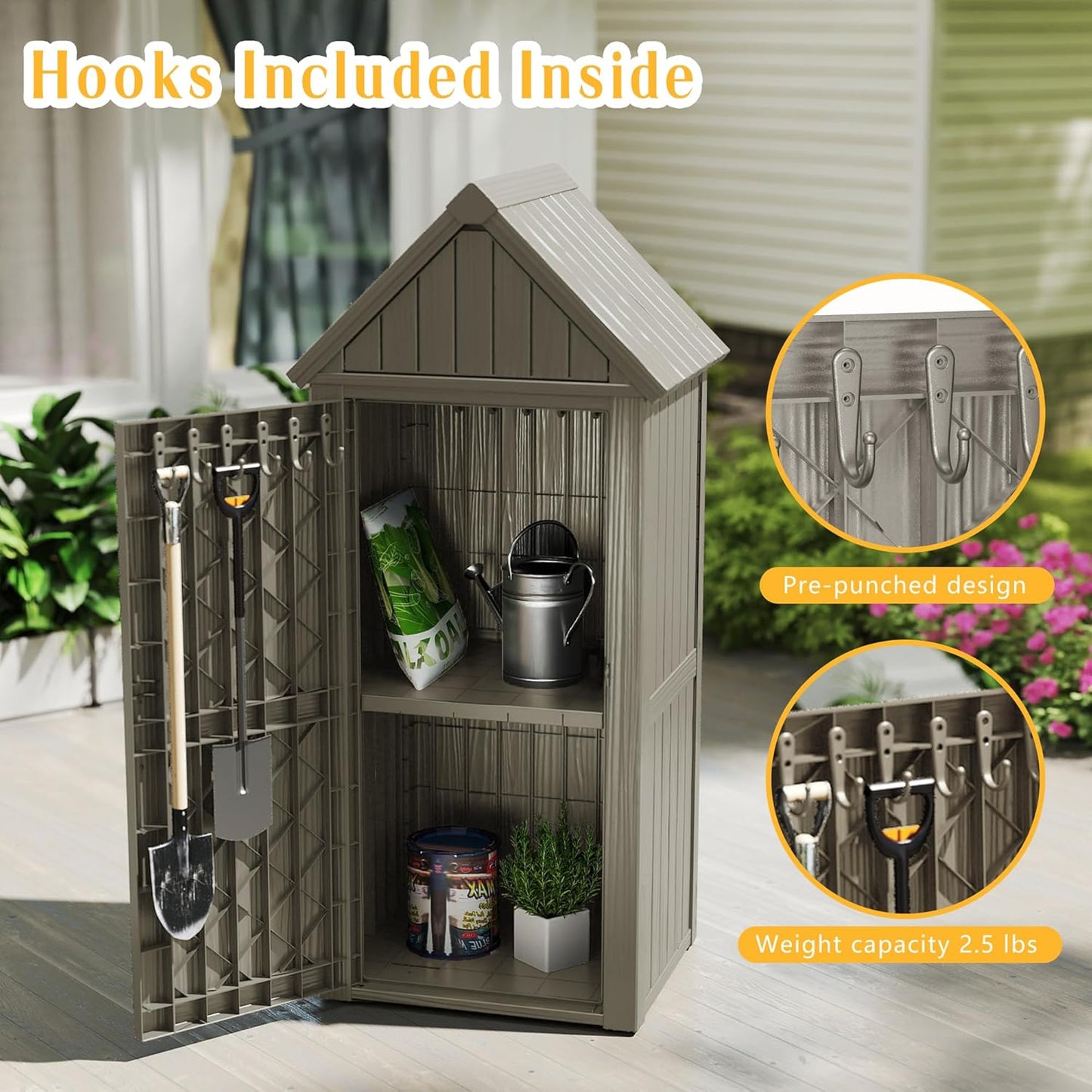 Storage Shed Outdoor Lockable,Waterproof Resin Garden Tool Shed, Heavy-Duty Weather-Resistant Cabinet for Patio, Backyard, or Garage (Grey)