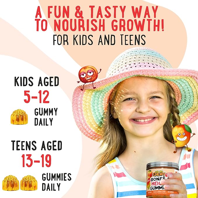 Center-Filled Bones & Growth Support Gummies - Supplement Vitamins for Kids & Teens with Calcium, Astragalus, D3, K2 & Omithine HCI - Peach & Mango - 60 Count