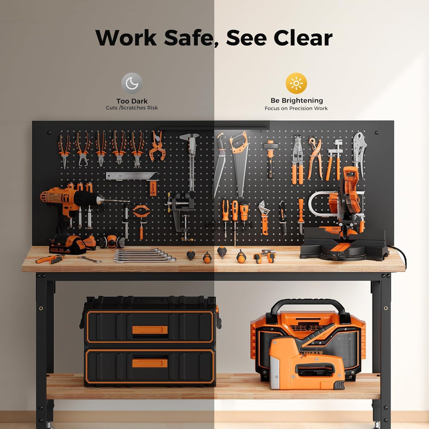 60" Work Bench Adjustable Height with Storage Shelf, Max Load 2000 LBS Heavy Duty Rubberwood Tabletop with Pegboard, LED Light, Built-in Power Strip for Woodworking Shop, Garage, Home