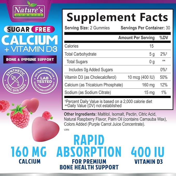 Sugar Free Chewable Calcium Gummy Vitamins - Plus 400 IU Vitamin D3 for Bone, Teeth, & Immune Health Support - Calcium Supplements for Women & Men Daily, Non-GMO, Berry Flavored - 60 Gummies