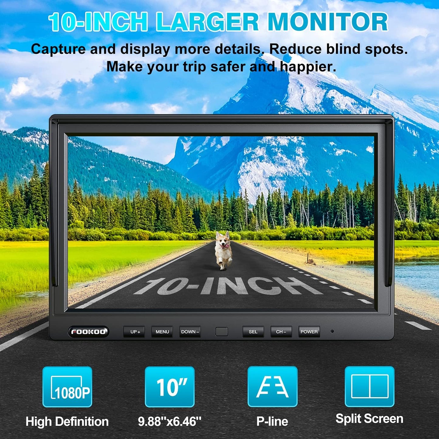 Fookoo HD 10" Wireless Backup Camera System, 1080P 10-inch Quad Split Monitor w/Recording, Waterproof Side & Rear View Cameras, 4 Channel, Digital Signal, Parking Lines for RV/Truck/Trailer