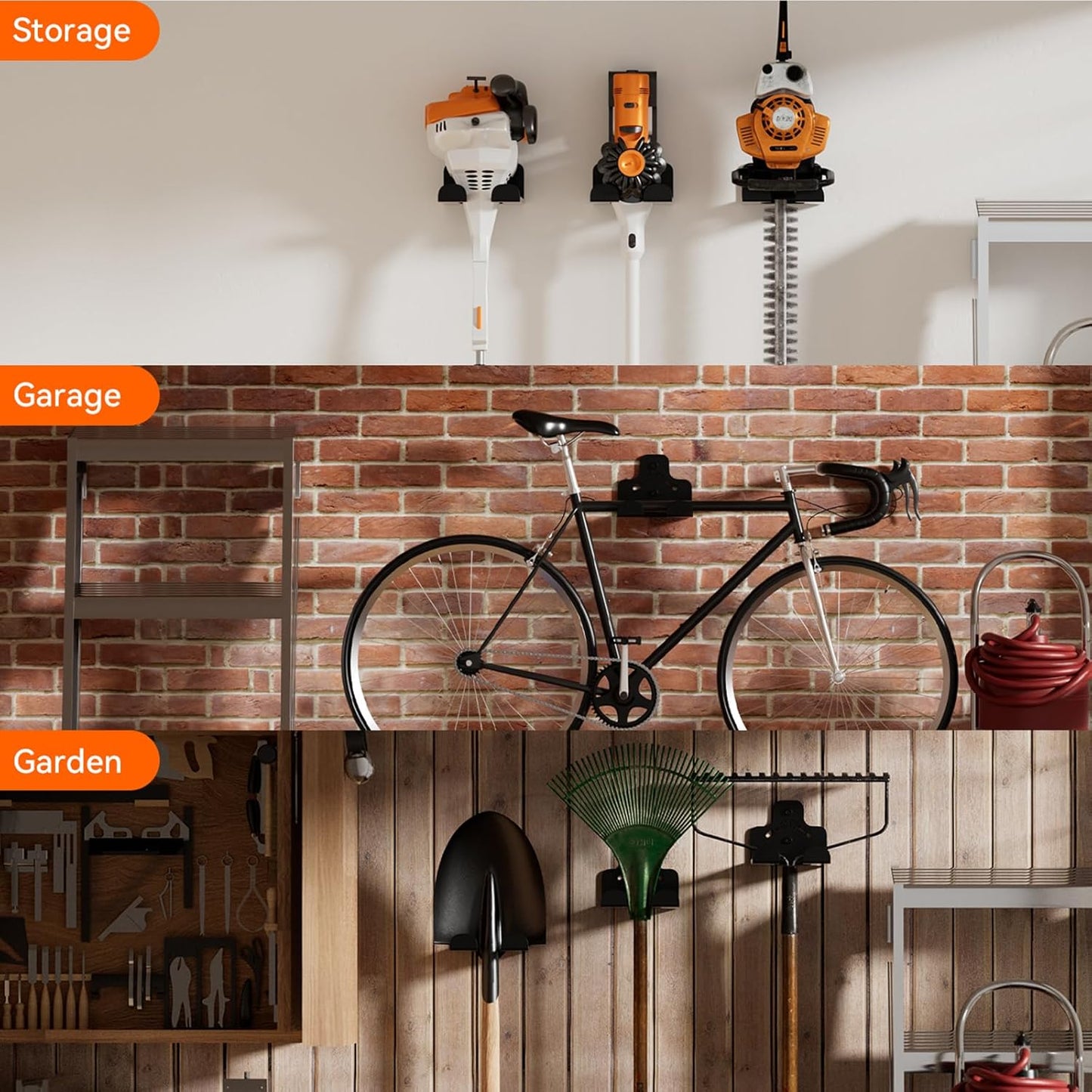 Garage Organization Storage Trimmer Rack, Garden Power Tool Hanger for Grass Trimmer, Hedge Trimmer, Garden Tools, Heavy Duty Weed Whackers Holder Wall Mounted Tool Organizer, 3 Packs