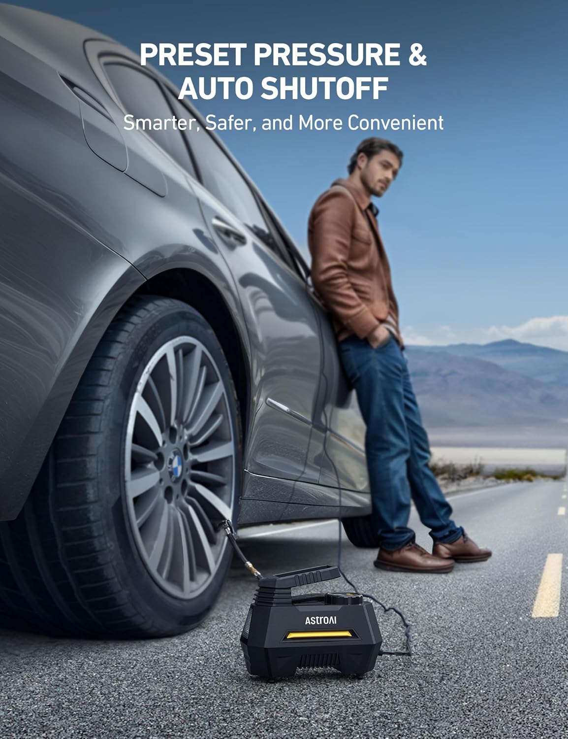 AstroAI Tire Inflator Portable Air Compressor Air Pump for Car Tires-Car Accessories, 9.8Ft Cord-12V DC-Powered Auto Pump with Digital Pressure Gauge, Emergency LED Light for Bicycle, Balloons, Yellow