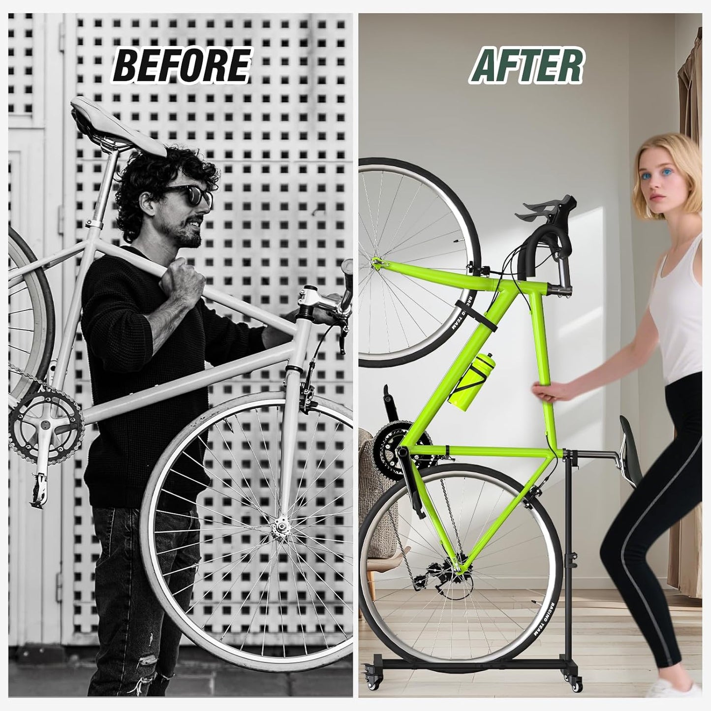 Vertical Bike Stand, Upright Bike Parking Rack Floor, Adjustable Bicycle Storage for Wheels Sizes up to 29", Freestanding Bicycle Organizer with Swivel Casters, Indoor Bike Holder for Garage 2-Pack