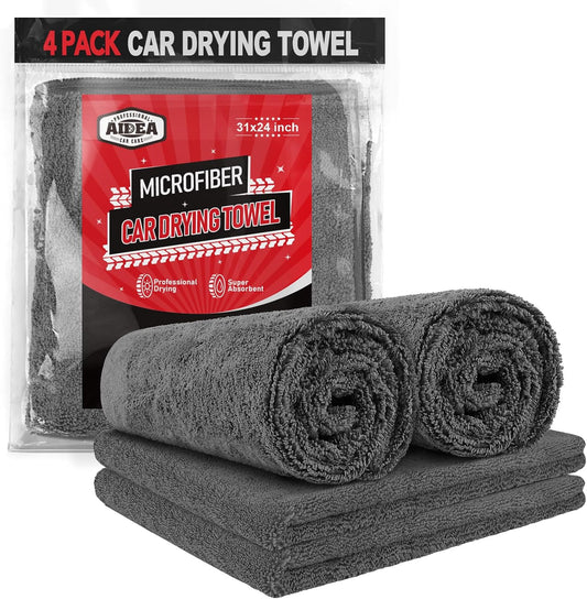 AIDEA Microfiber Towels for Cars-4PK, Large Professional Car Drying Towel, Scratch-Free & Absorbent Drying Towel for Cars, SUVs, RVs, Trucks, and Boats, 24inx 31in, Grey