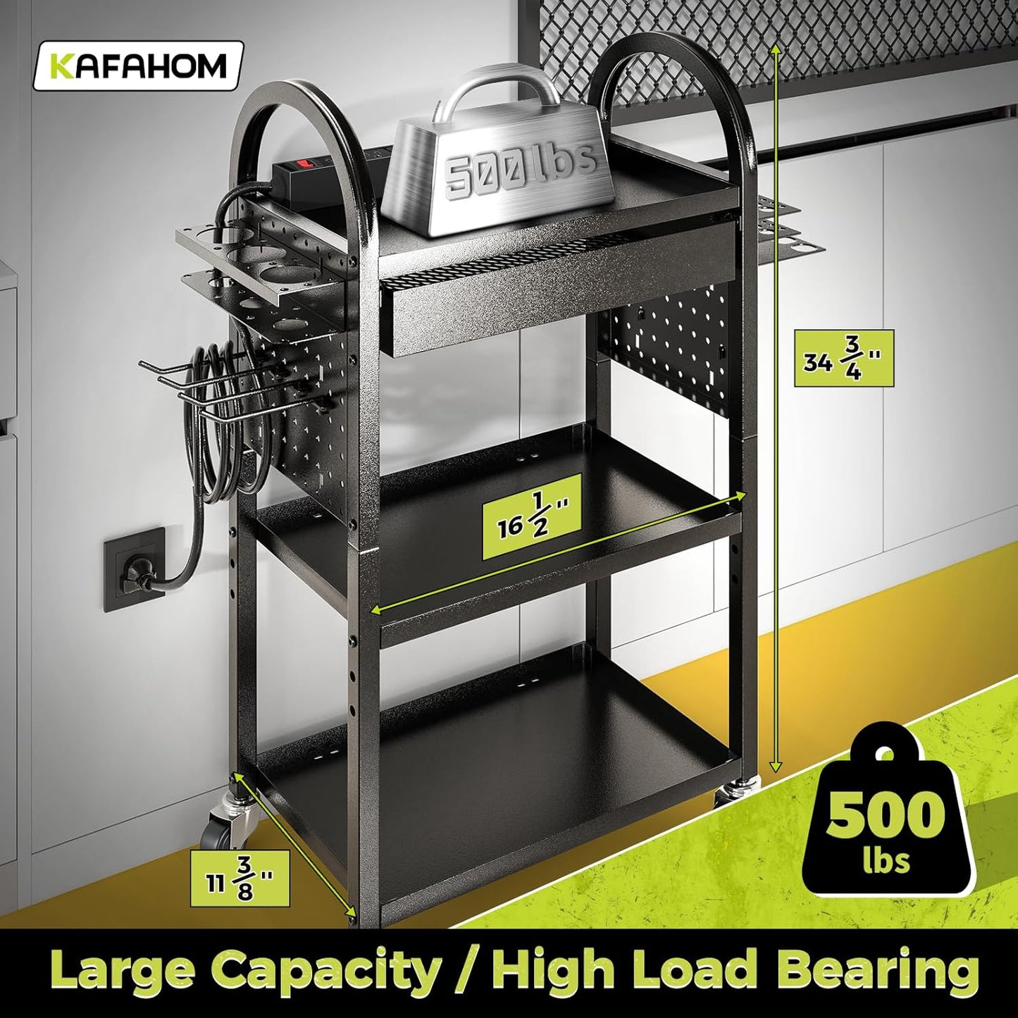 KAFAHOM Power Tool Cart with Charging Station, Rolling Cart with Drawer, Heavy Duty Power Tool Organizer with 360 Silent Wheels, Storage for Garage, Warehouse & Repair Shop