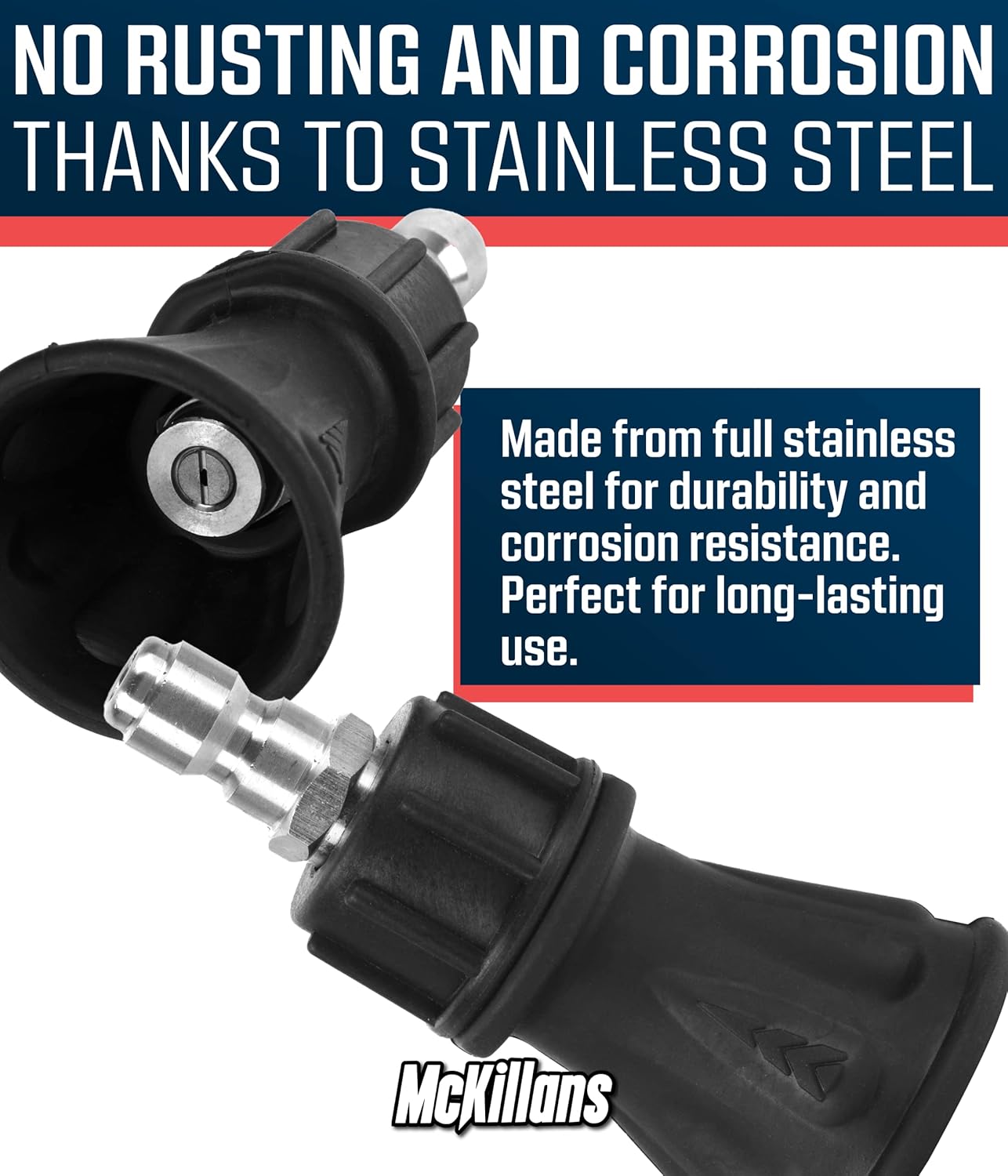 McKillans 40 Degree Pressure Washer Nozzle - Stainless Steel, High-Efficiency Cleaning, Durable Nozzle Guard with Rubberized Protection (4.0 Orifice)
