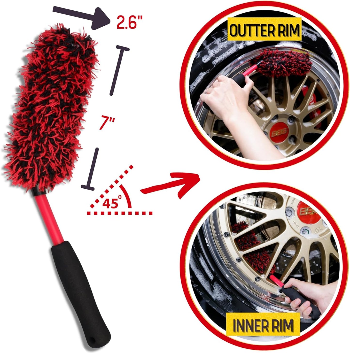 Angled Wheel Brush Kit 3 Pack- Angled Microfiber Wheel Brush, Wheel Barrel Brush, Detailing Brush Scratch Free Calipers Woolies Spoke Brush Cleans Brake Dust from Barrels& Hard to Reach Areas