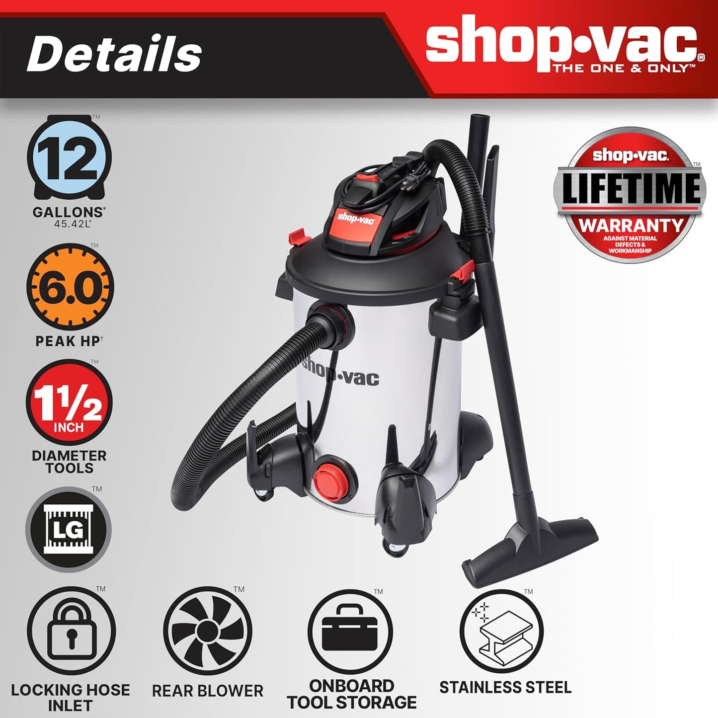 Shop-Vac 5761311 12-Gallon Wet/Dry Shop Vacuum, 6 Peak HP, 1.5 Inch Diameter x 7 Foot Hose, 20 Foot Cord, Ideal for Home, Garage, and Workshop Cleaning