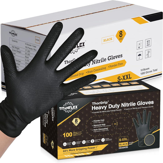 TitanFlex Thor Grip Heavy Duty Black Industrial Nitrile Gloves with Raised Diamond Texture, 8-mil, Latex Free