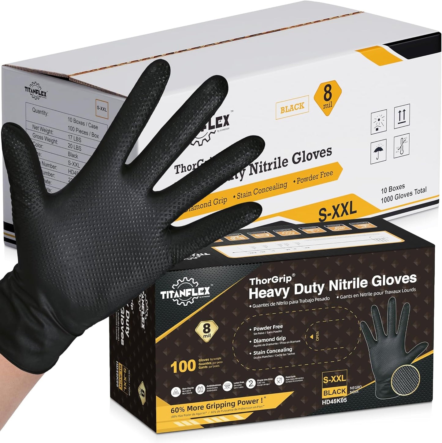 TitanFlex Thor Grip Heavy Duty Black Industrial Nitrile Gloves with Raised Diamond Texture, 8-mil, Latex Free