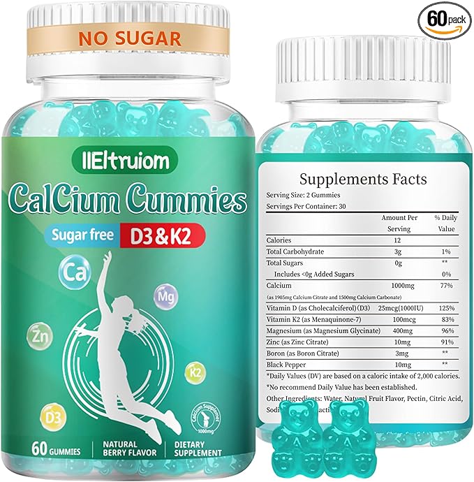 Liposomal Calcium,1000mg Calcium with Vitamin D3 & K2 for for Muscle & Immune Support, Calcium Chews for Bone Health,Sugar Free, 60 Chews