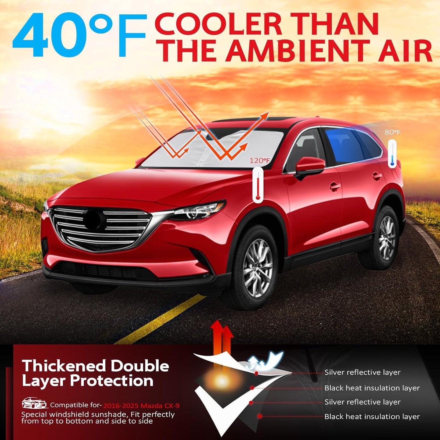 KAYZT Windshield Sun Shade for 2016-2025 Mazda CX9 CX-9 Foldable Sunshade Front Window Custom Fit Car Accessories