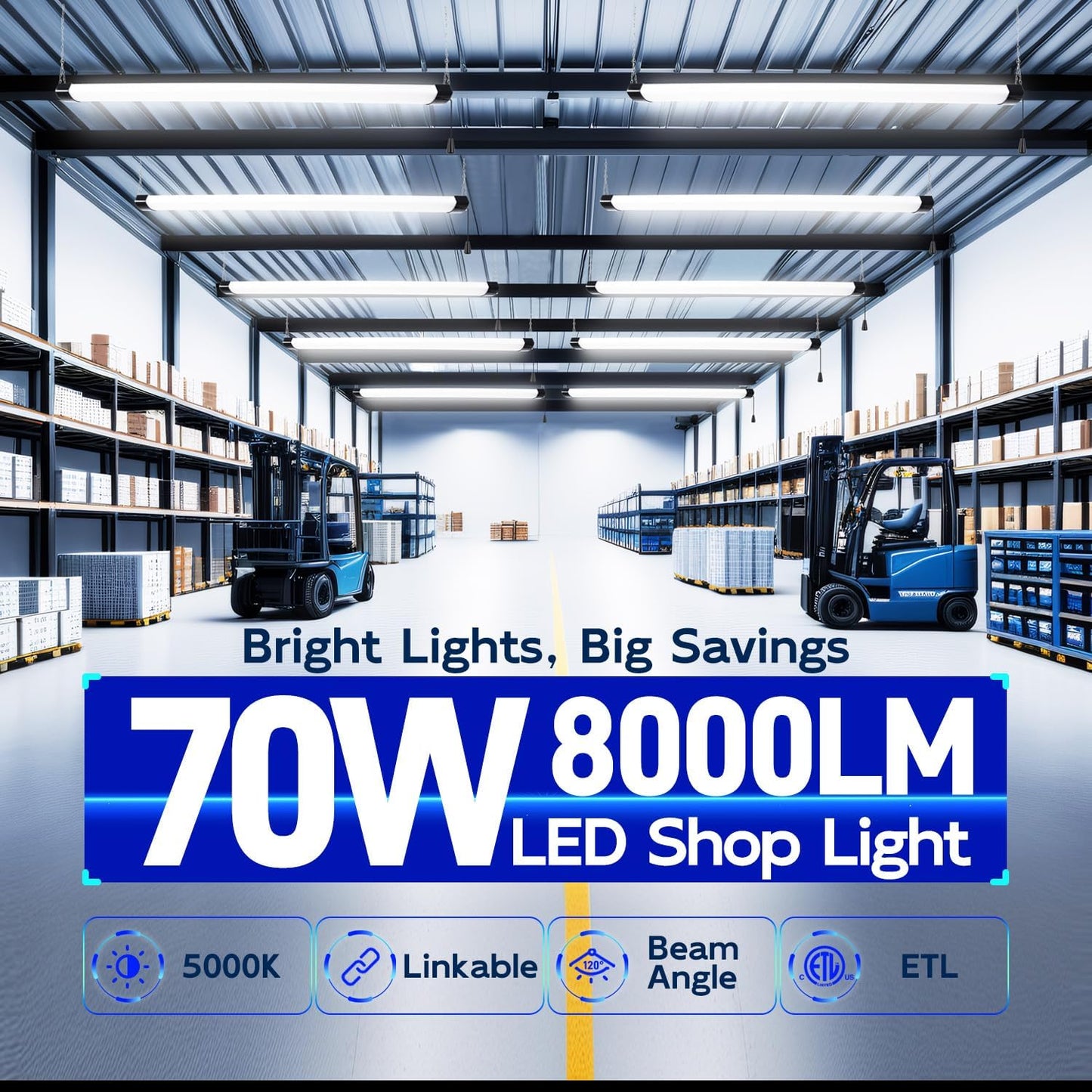 hykolity 4FT 70W LED Shop Light Linkable, 8000lm(300w Equivalent), 5000K Utility Shop Lights for Garages, Workshops, Basements, Hanging or FlushMount, with Power Cord and Pull Chain, ETL, Black,2 Pack
