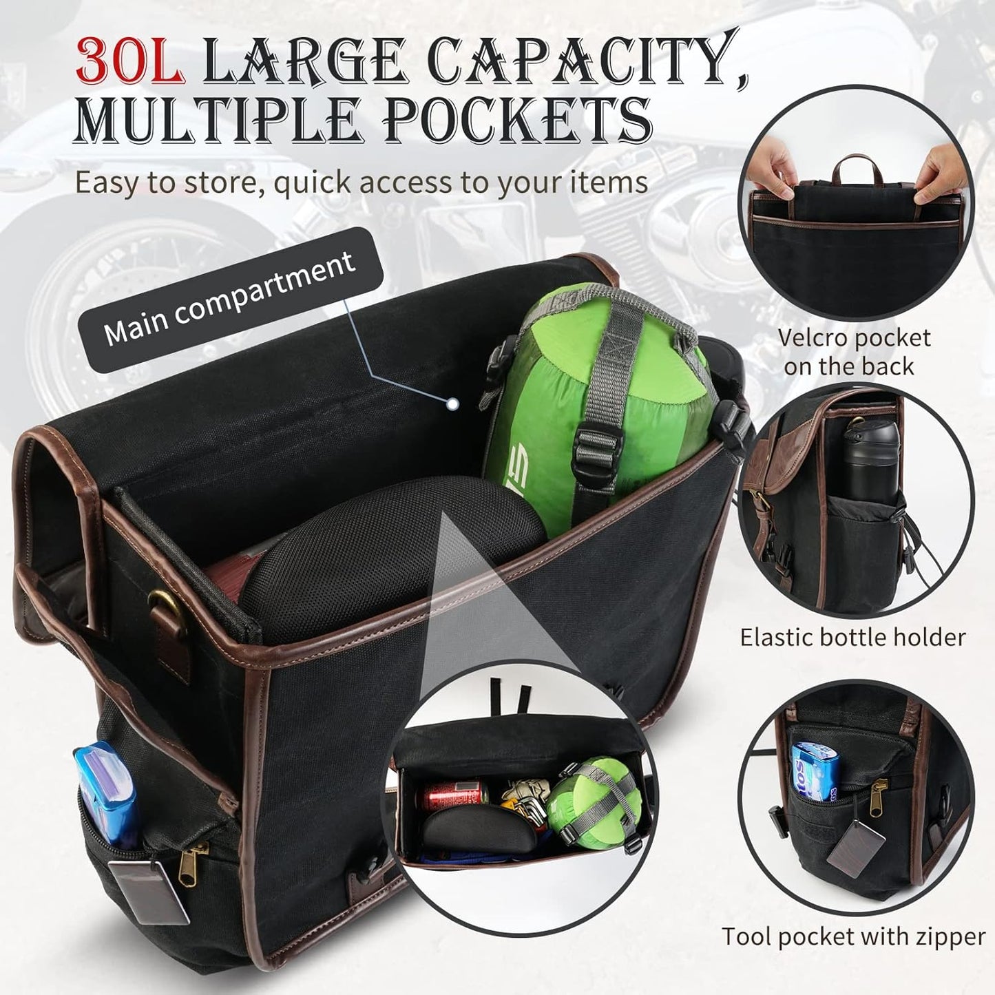 NICECNC Motorcycle Saddle Bags, Vintage Oil Waxed Canvas Saddlebags Motorcycle Panniers Side Throw Over Saddle Bags Compatible with Harley Honda Suzuki Yamaha Adventure Street Glide Brown