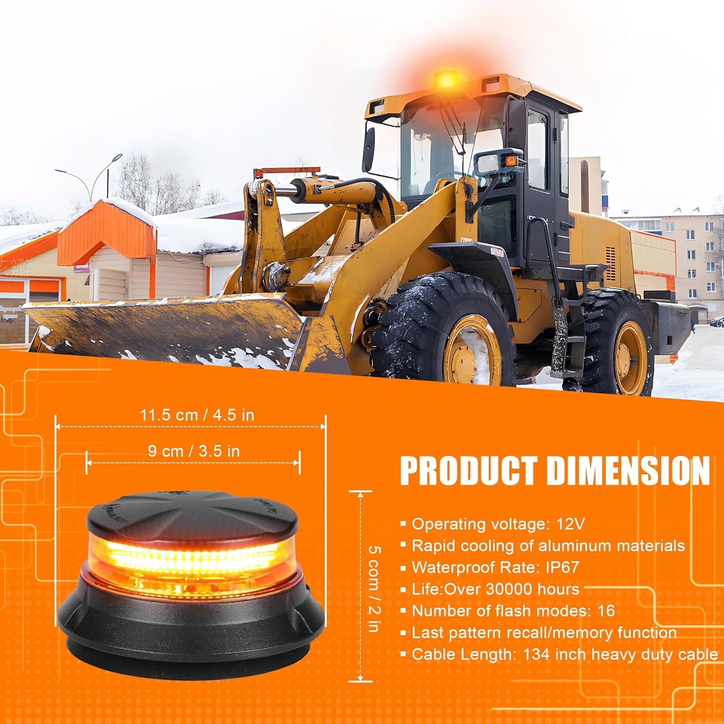 WINECO LED 앰버 스트로브 신호등, 안전 경고 비상 위험 회전 플래시 라이트, 지게차, 트랙터, 골프 카트, ATV, 우편 자동차, 12-24V 마그네틱 베이스 및 영구 마운트