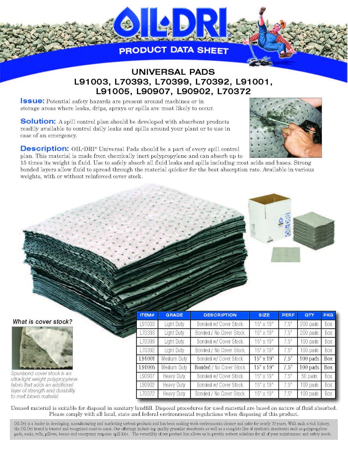 Oil-Dri L90902 15" W x 19" L Universal Heavy Weight Bonded Perforated Pads (100 Mats/Box)