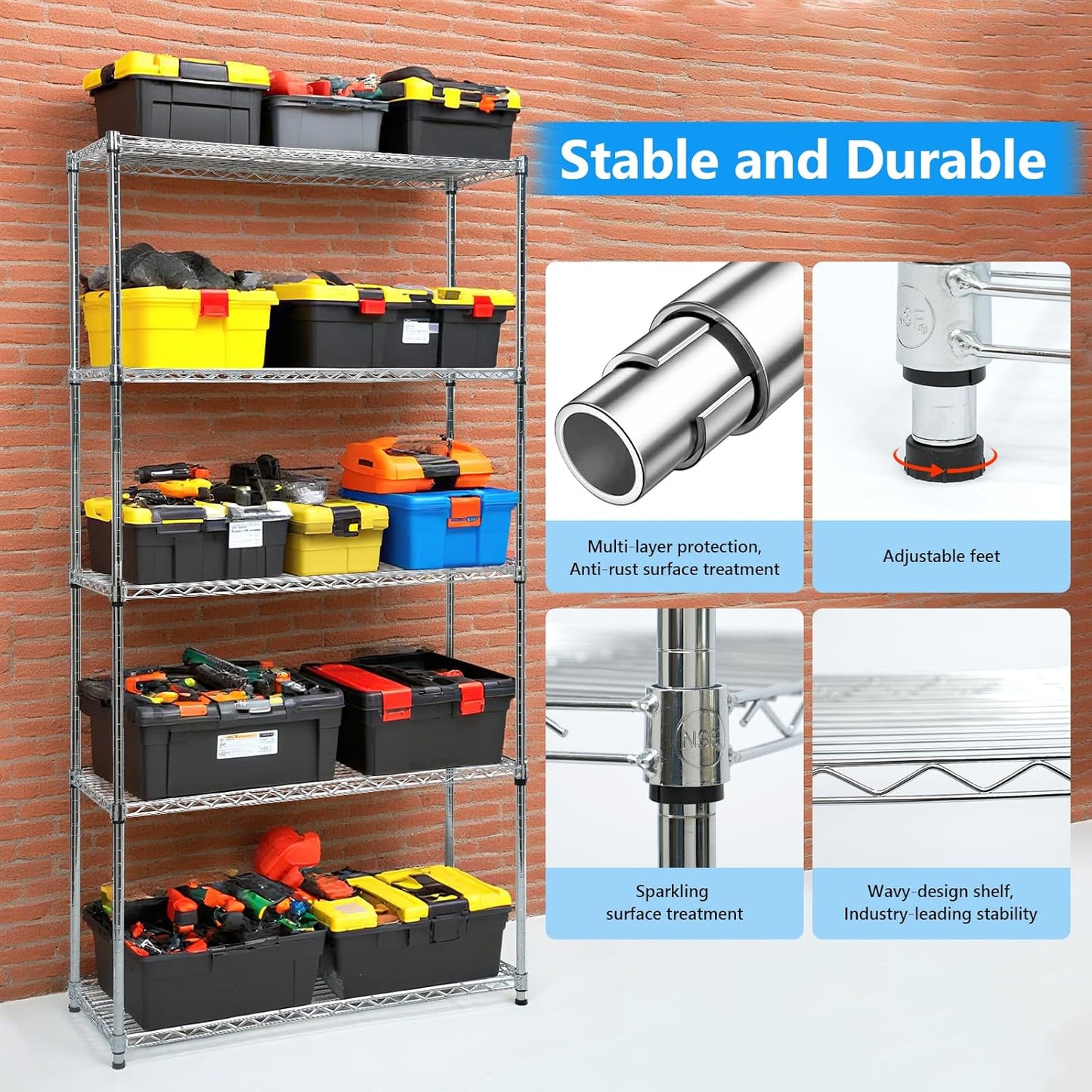 Heavy-Duty Chrome Steel Wire Shelving NSF Certified. Adjustable Storage Rack for Kitchen,Garage,and Laundry Utility Room (Chrome-5Tiers-36x14x72)