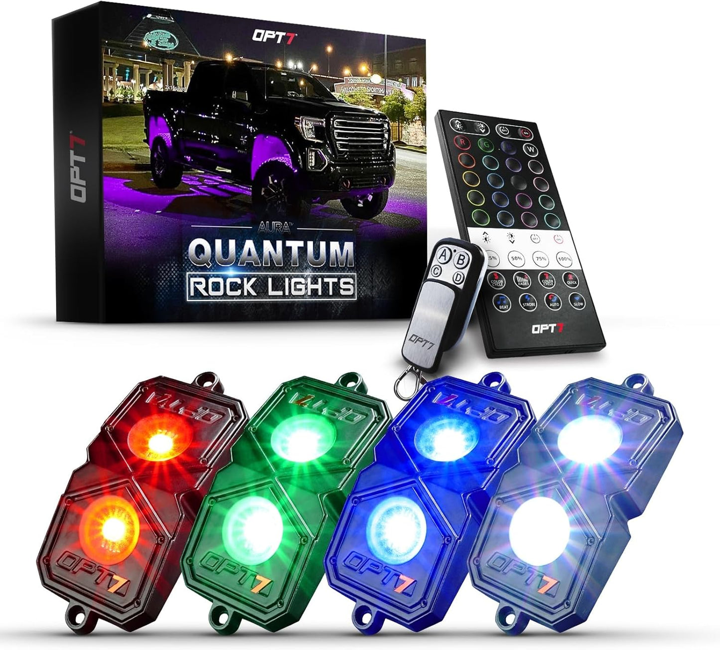 OPT7 Quantum RGBW LED Rock Lights with Remote Control, 4 Pods Wide Angle Multicolor Neon Underglow Lighting Kit with Extension Wire, IP68 Waterproof for Offroad Truck Jeep RZR ATV UTV SUV