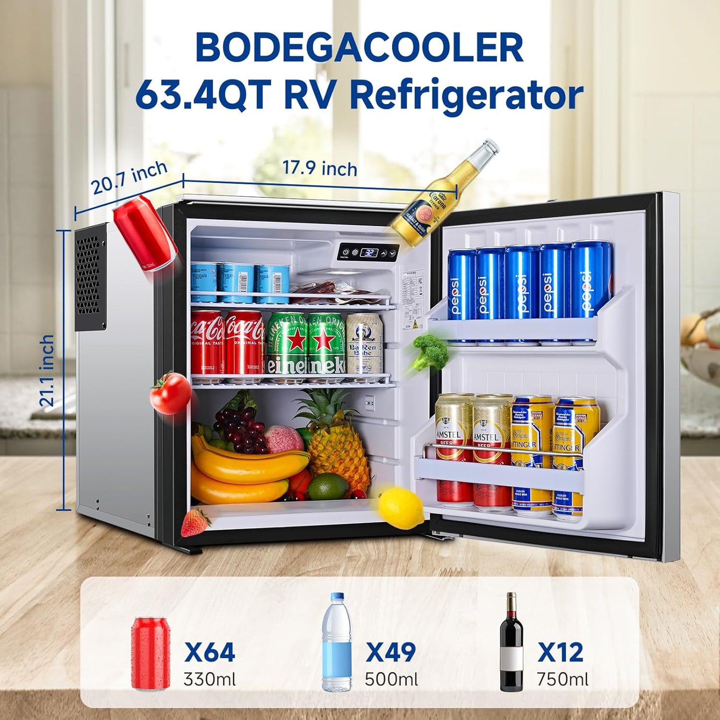 BODEGACOOLER 12 Volt Refrigerator, 63.4Quart RV Refrigerator, Dual Modes RV Fridge with LED, (32℉-50℉) Travel Compressor Cooler 12/24V DC for Boat, Yacht, Caravan, Truck, Camping (Silver)