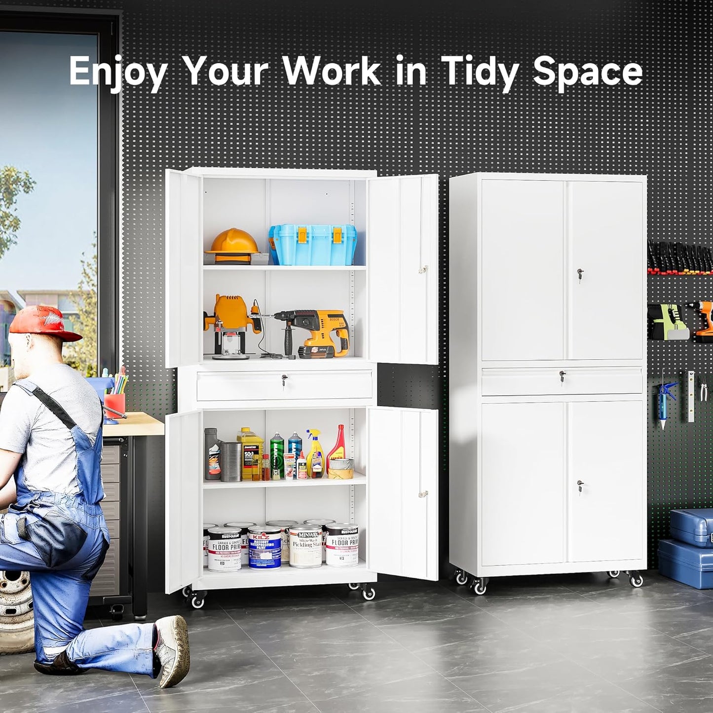 SISESOL White Metal Storage Cabinet with Wheels and Drawer,Rolling Garage Cabinet with Locking Doors and Adjustable Shelves,73" Mobile Tall Large Metal Cabinets for Home,Office,Garage,Shop