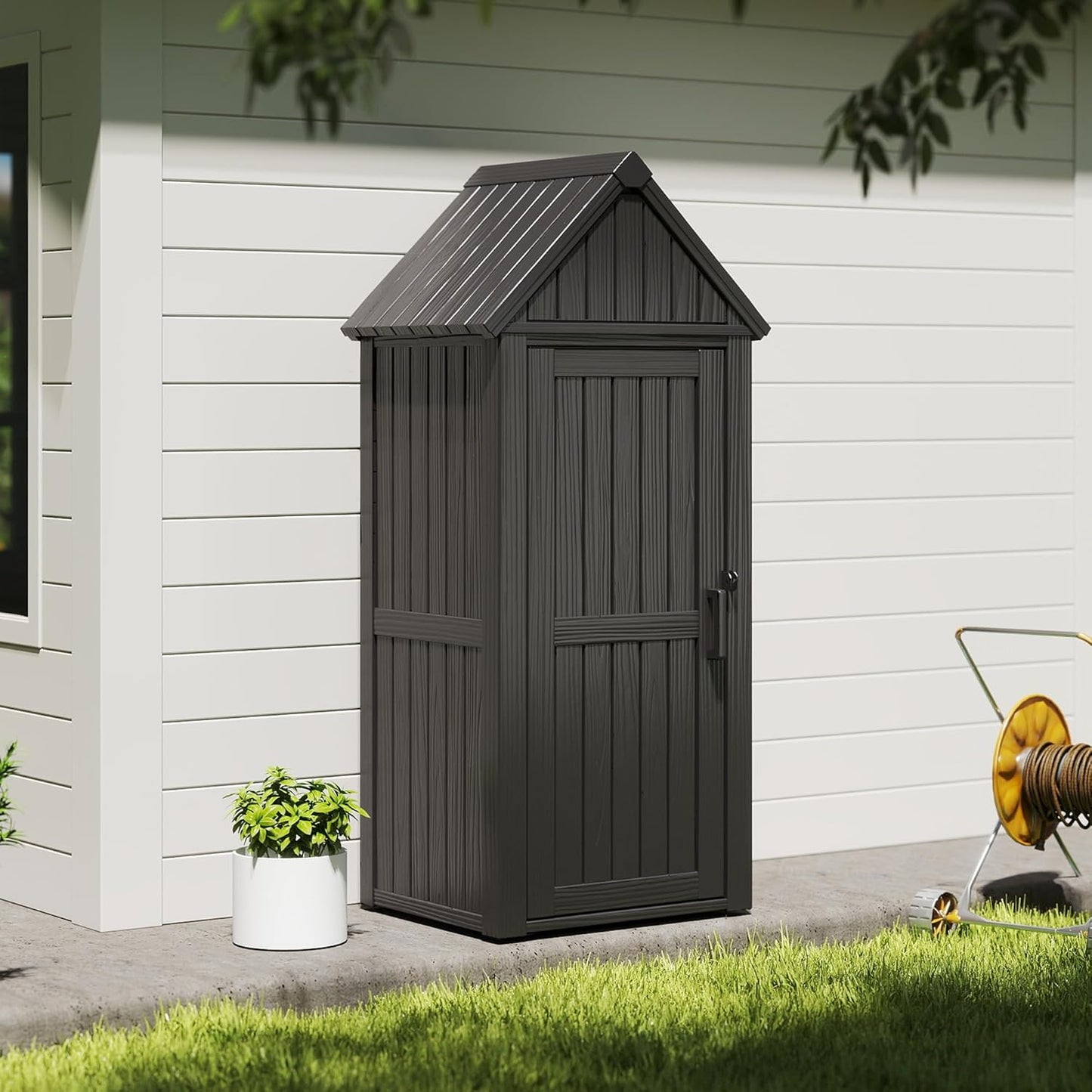Storage Shed Outdoor Lockable,Waterproof Resin Garden Tool Shed, Heavy-Duty Weather-Resistant Cabinet for Patio, Backyard, or Garage (Black)