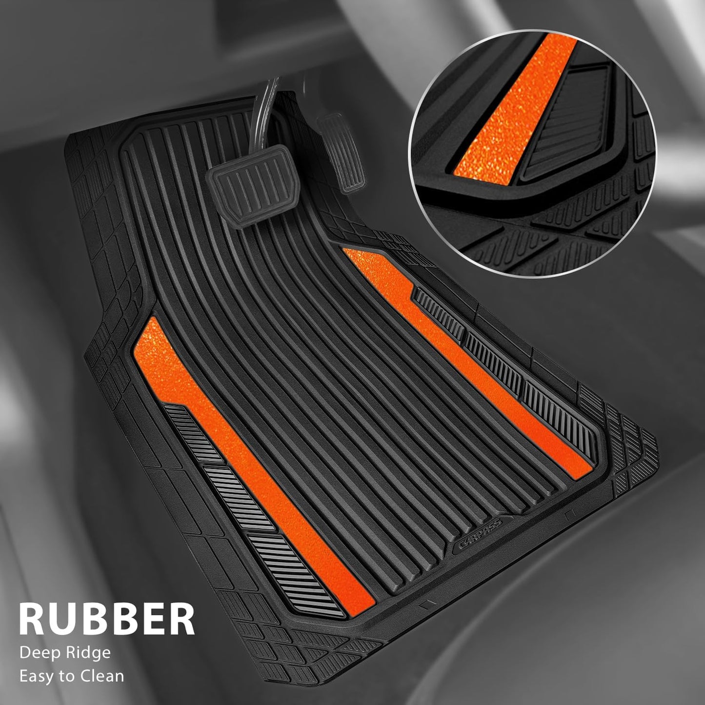 CAR PASS Heavy Duty Rubber Car Mats Metallic, Aluminum Film All Weather Floor Mats Waterproof Universal Trim to Fit SUVs Sedans Vans 4 Piece Anodized Deep Dish Two-Tone Sporty Black Orange Chrome