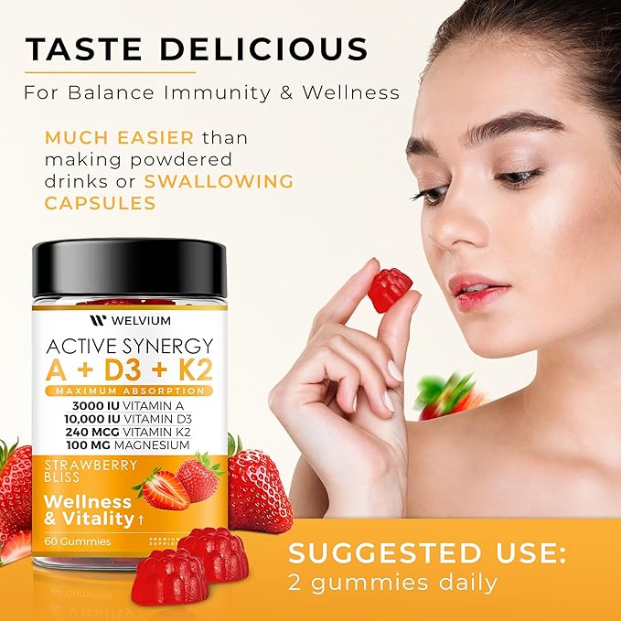 Vitamin D3 K2 Gummies 10000 IU with Magnesium Glycinate, Calcium, B12, K2 MK-7, Vitamins A, E, Lutein, Zeaxanthin - ADK Chewable Supplement for Bone, Heart, Eye, Immune Support - D3K2 Gummies